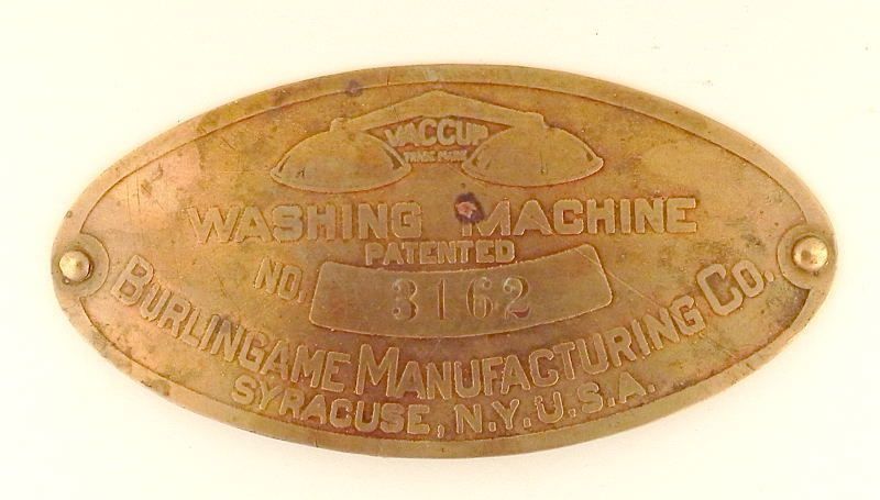   Washing Machine ID Plate Vaccup 3162 Burlingame Mfg Syracuse NY