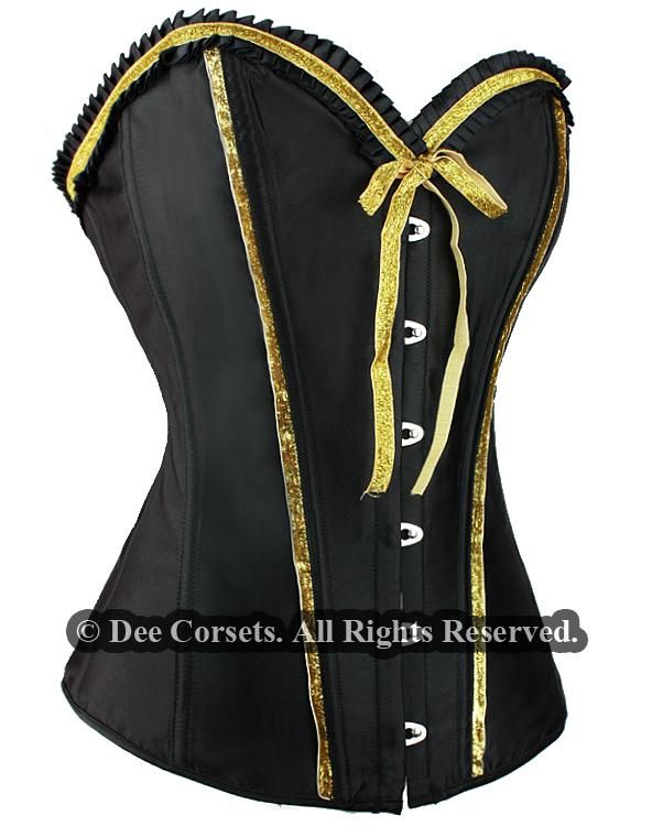 Burlesque Black Satin Gold Trim Corset Bustier Size L