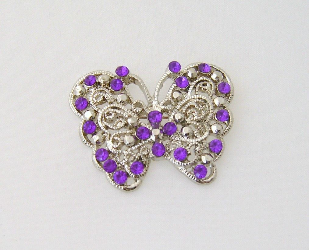 NEW purple rhinestone butterfly pin brooch silver tone setting 1 3 4 