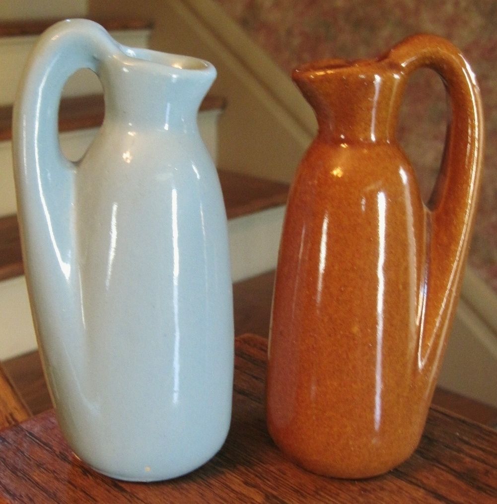 BYBEE POTTERY KENTUCKY BLUE BROWN OIL VINEGAR CRUET PITCHERS PAIR ARTS 