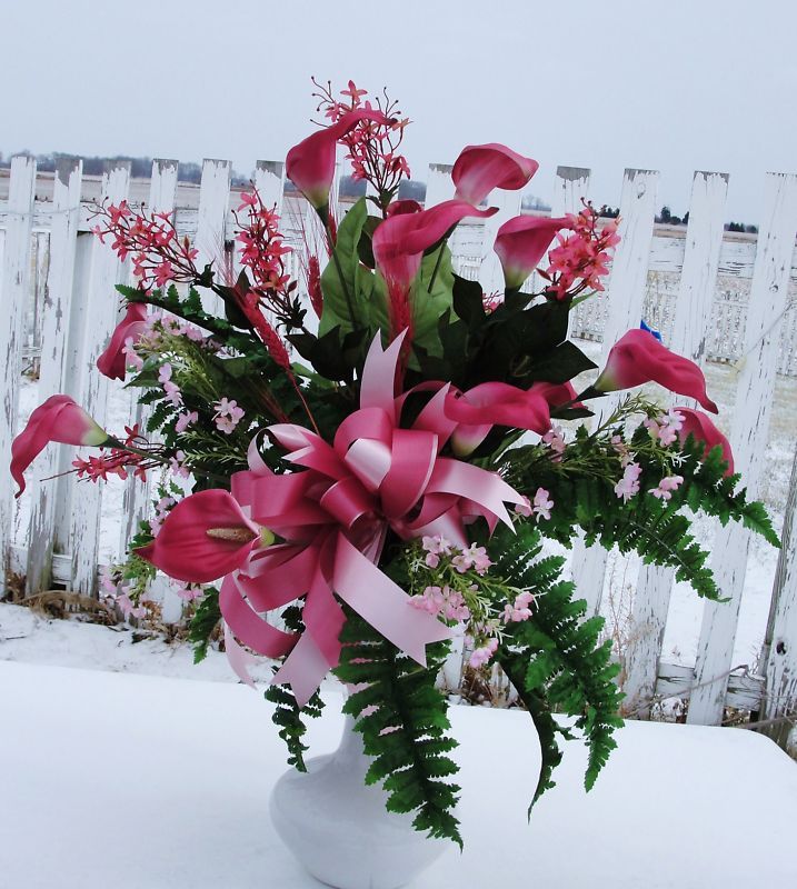 Memorial Flowers Mauve Calla Lilies Silk Home Arrangements Cemetery 