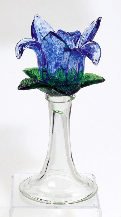 Tea Light Candle Holder Glass Blue Flower Green Leaves