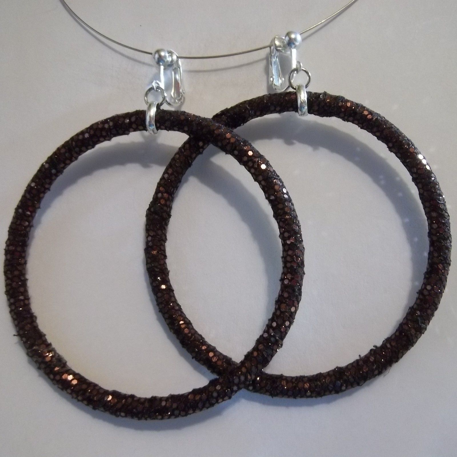 Clip on 3 Brown Sequin Non Pierced Large Hoop Earrings J401 Juicebox 