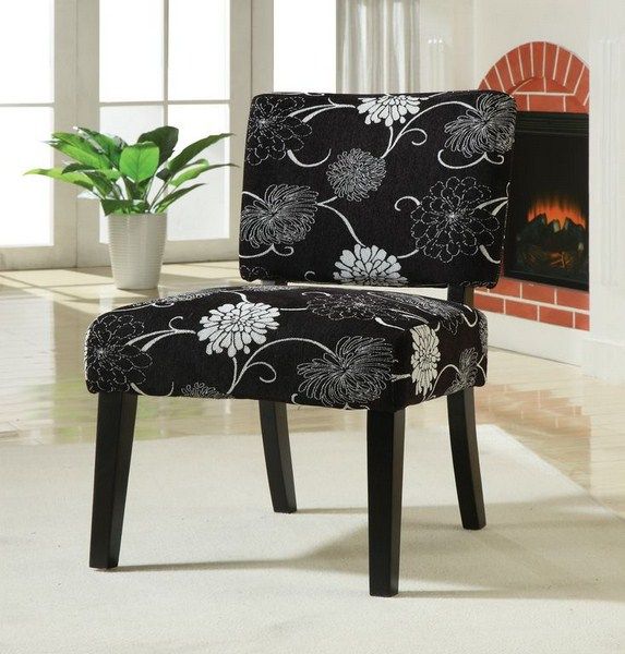 Accent Chair in Black White Flower Pattern Fabic Wood Legs