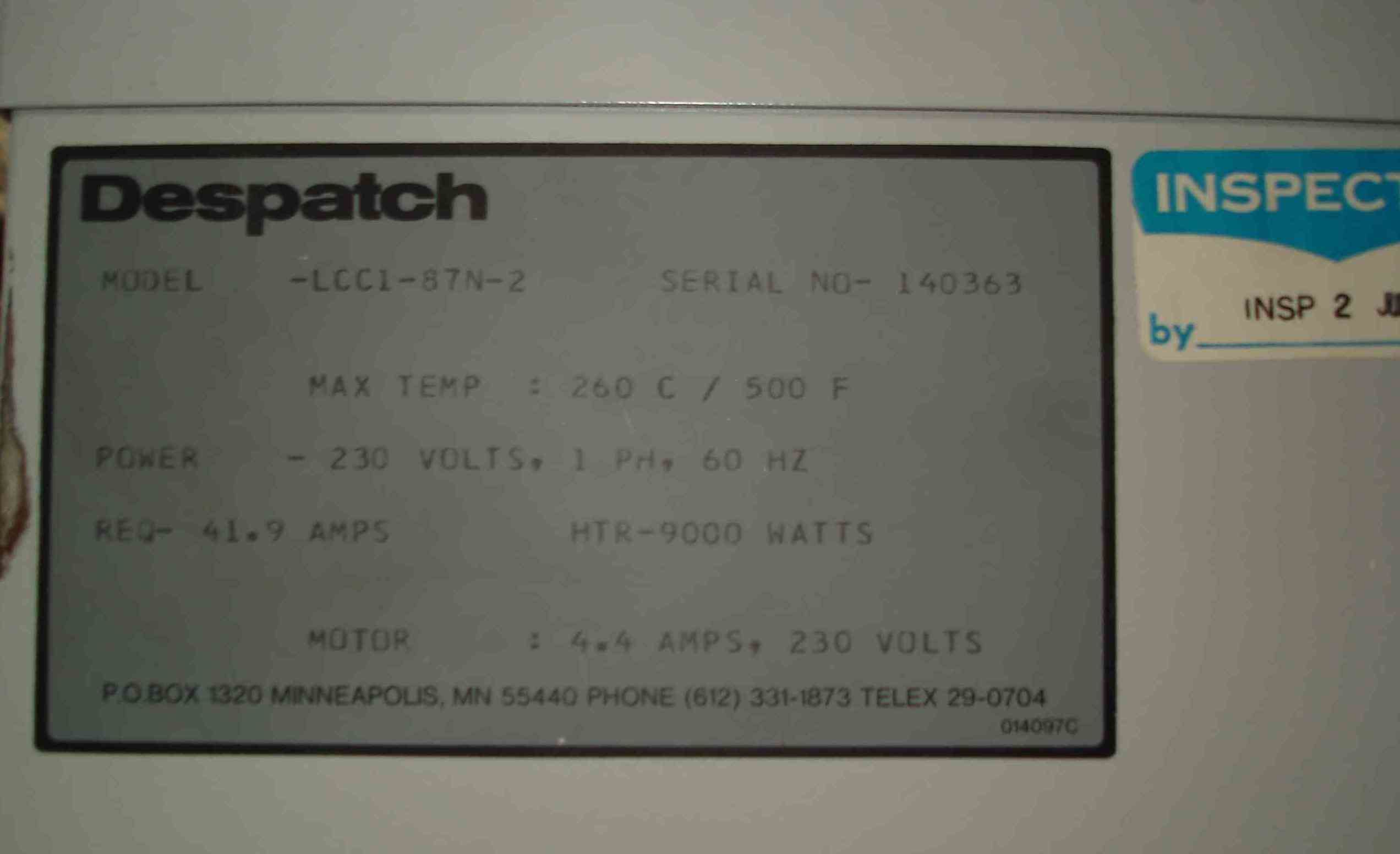 Despatch LCC1 87N 2 Lab Oven Furnace Max 260C 500F