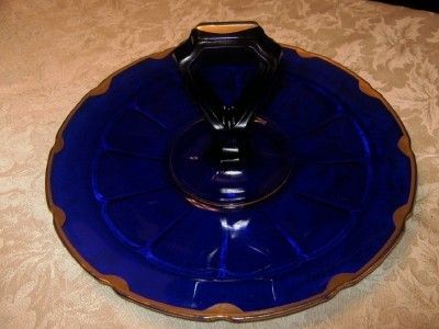   Blue Glass Gold Trim Center Handle Sandwich Serving Tray Plate