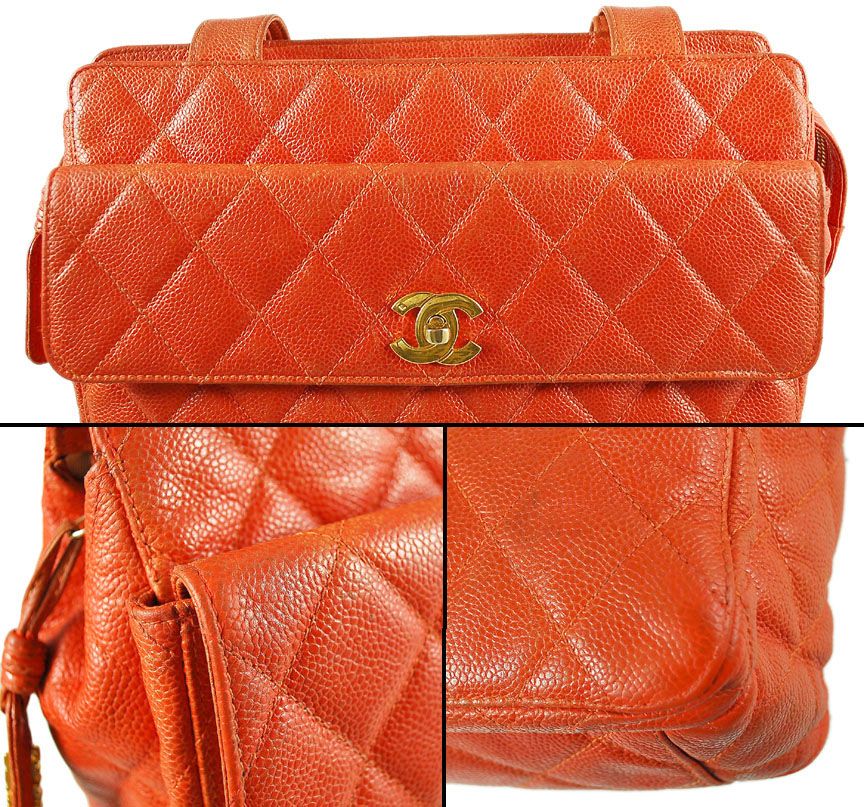 Authentic Chanel Orange Caviar Leather Summer Large Shopping Tote Bag 