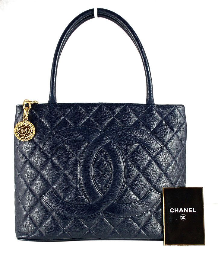 CHANEL Dark Navy Blue Caviar Leather Gold Medallion Tote Handbag