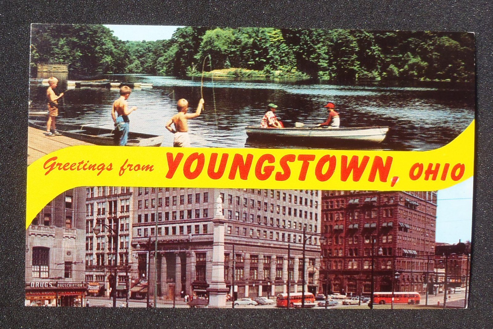 1950s Lake Newport Fishing and Central Square Greetings Cars Bus 