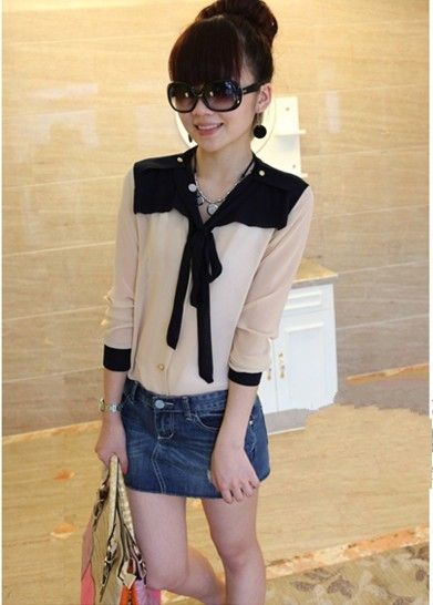   Tie Neck Long Sleeve Splice Chiffon Blouse Top Black Apricot