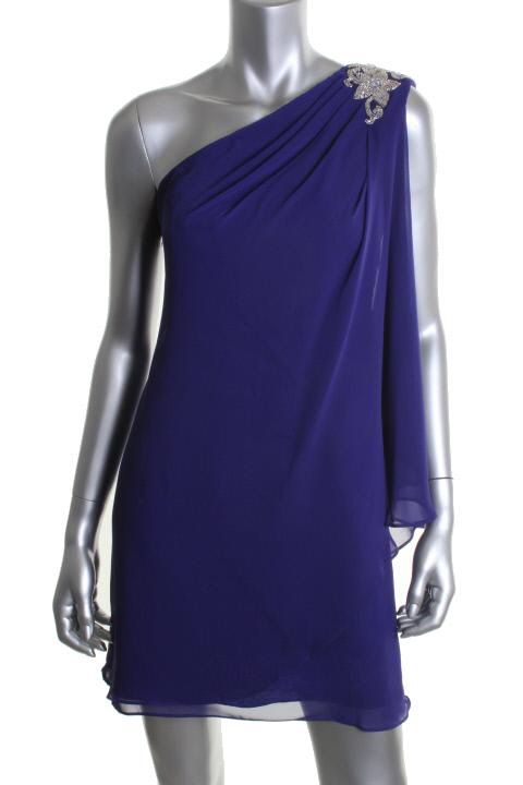 JS Boutique New Purple Chiffon Embellished One Shoulder Cocktail 