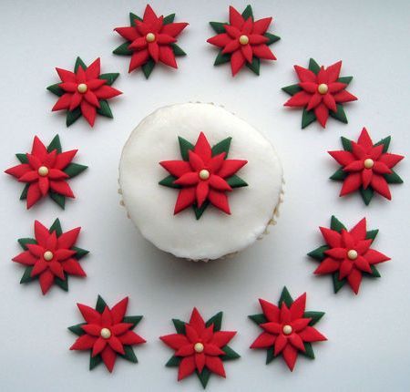 Red Green Poinsettia Flower Christmas Cake Cupcake Decorations