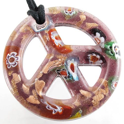   Peace Sign Lampwork Murano Art Glass circle Pendant Necklace Cord