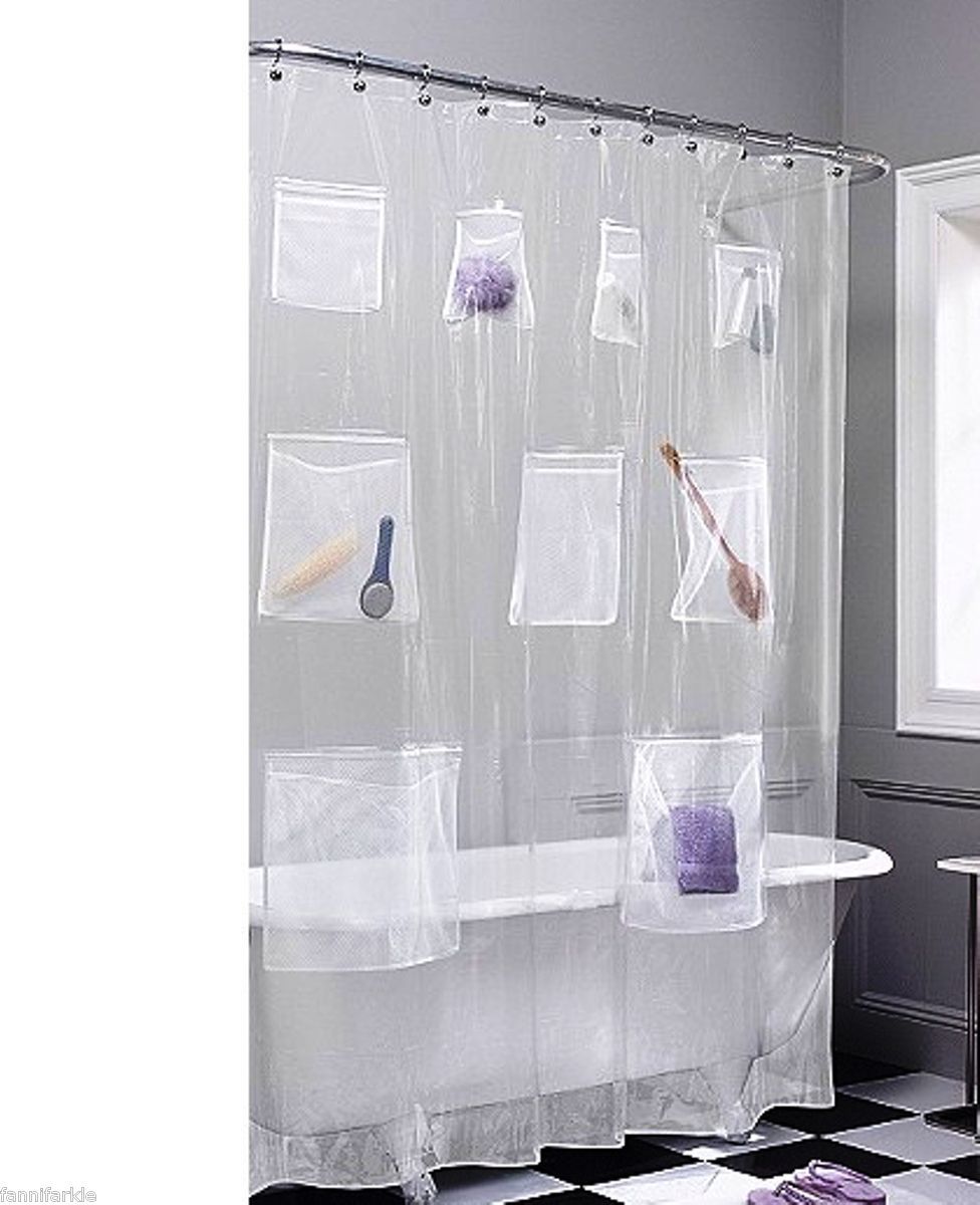 Clear Vinyl Shower Curtain w 9 Mesh Pockets 70 x 72 Metal Grommets