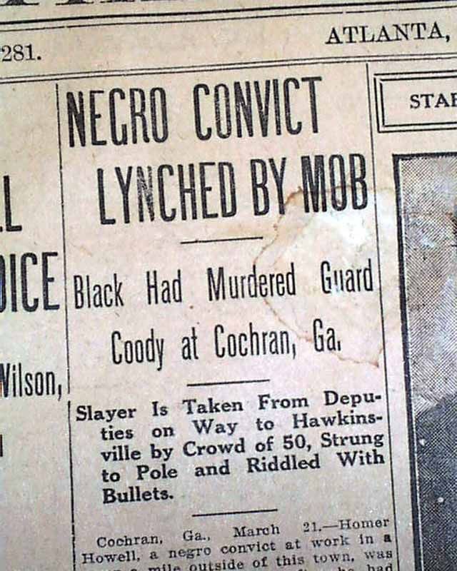 1912 Atlanta GA Old Newspaper Cochran Georgia Negro Lynching