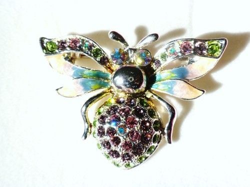 Multi Crystal Bumblebee Bee Antique Silver Brooch Pin