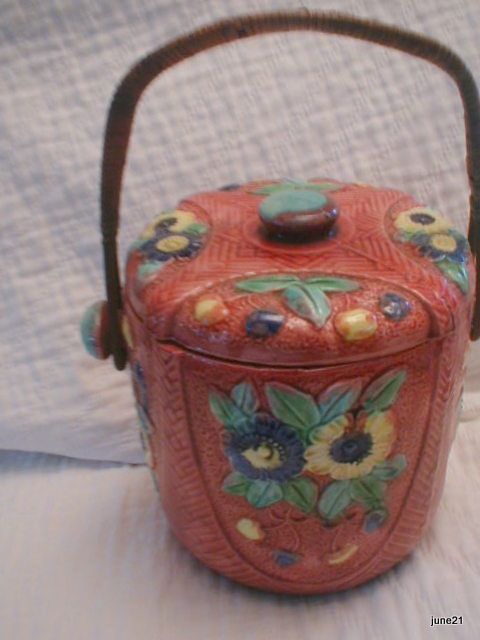 Majolica Biscuit Jar Flowers Leaves Made in Japan