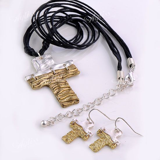 Fashion Bronze Cross Bead Necklace Hook Earring Set Korean Jewelry