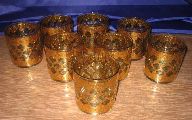 Set of 8 Vintage Culver 22K Gold Valencia Hiball Barware Drinking