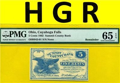 HGR 1862 05cent Cuahoga Falls Oh PMG Gem UNC 65EPQ