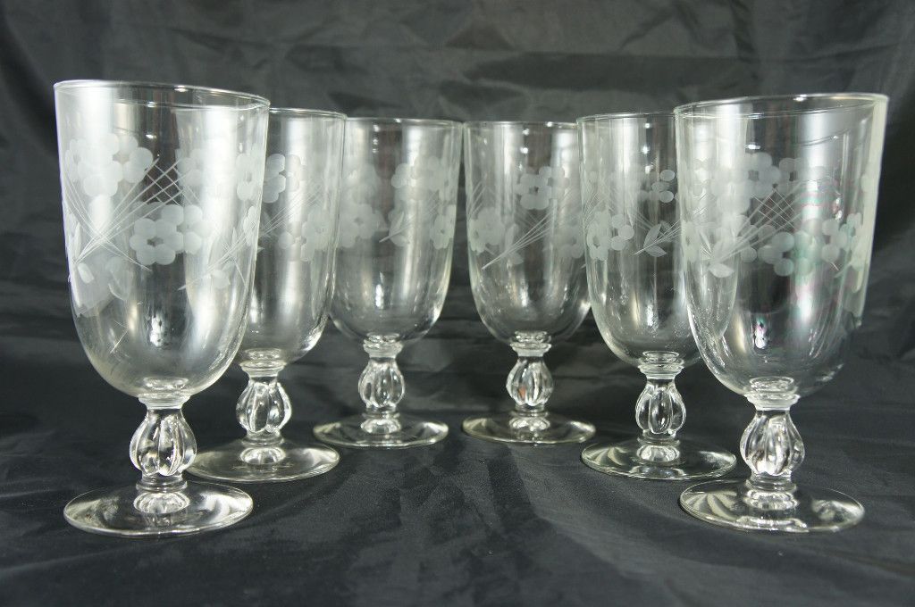 Vintage Large Wine Sandae Dessert Glasses Flower Etched Set of 6