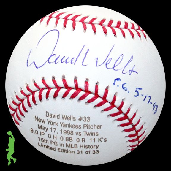 DAVID WELLS SIGNED AUTO PERFECT GAME BASEBALL BALL YANKEES COA