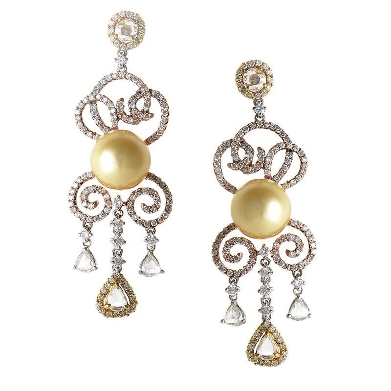 18K Multi Gold Diamond Pearl Chandelier Earrings