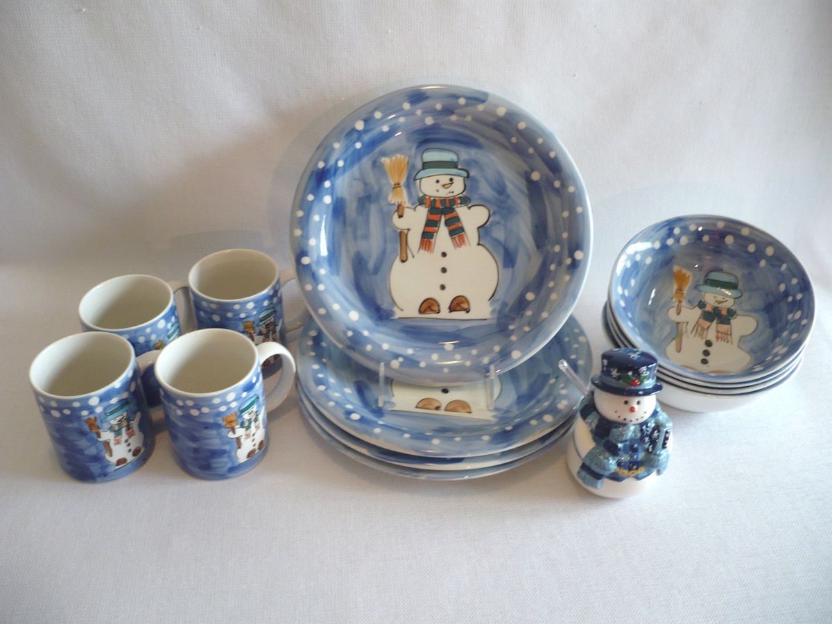 Let It Snow Christmas Snowman China Set 4 Place Settings Tabletops