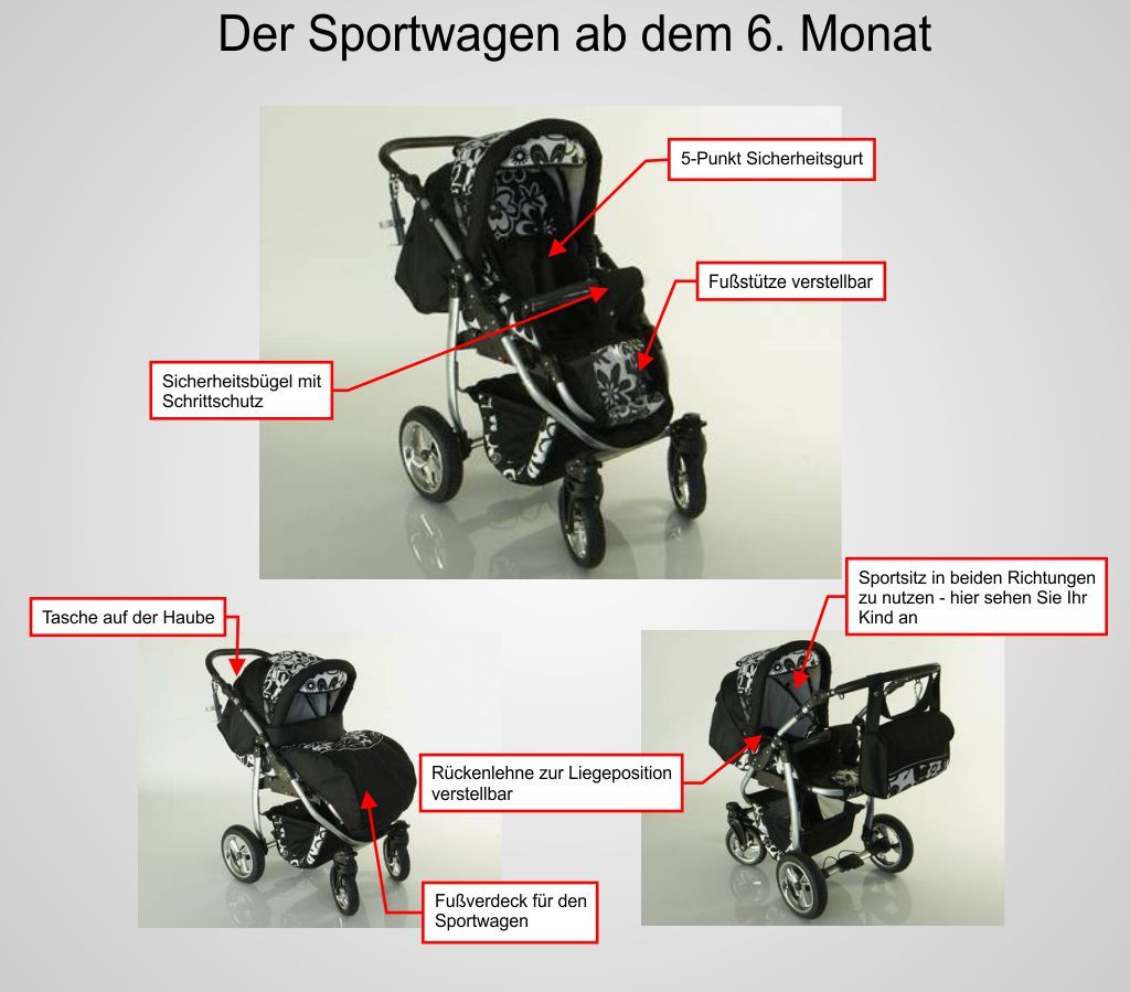 Dino * KOMBI KINDERWAGEN *SCHWENKRÄDER + BABYSCHALE * Ihr