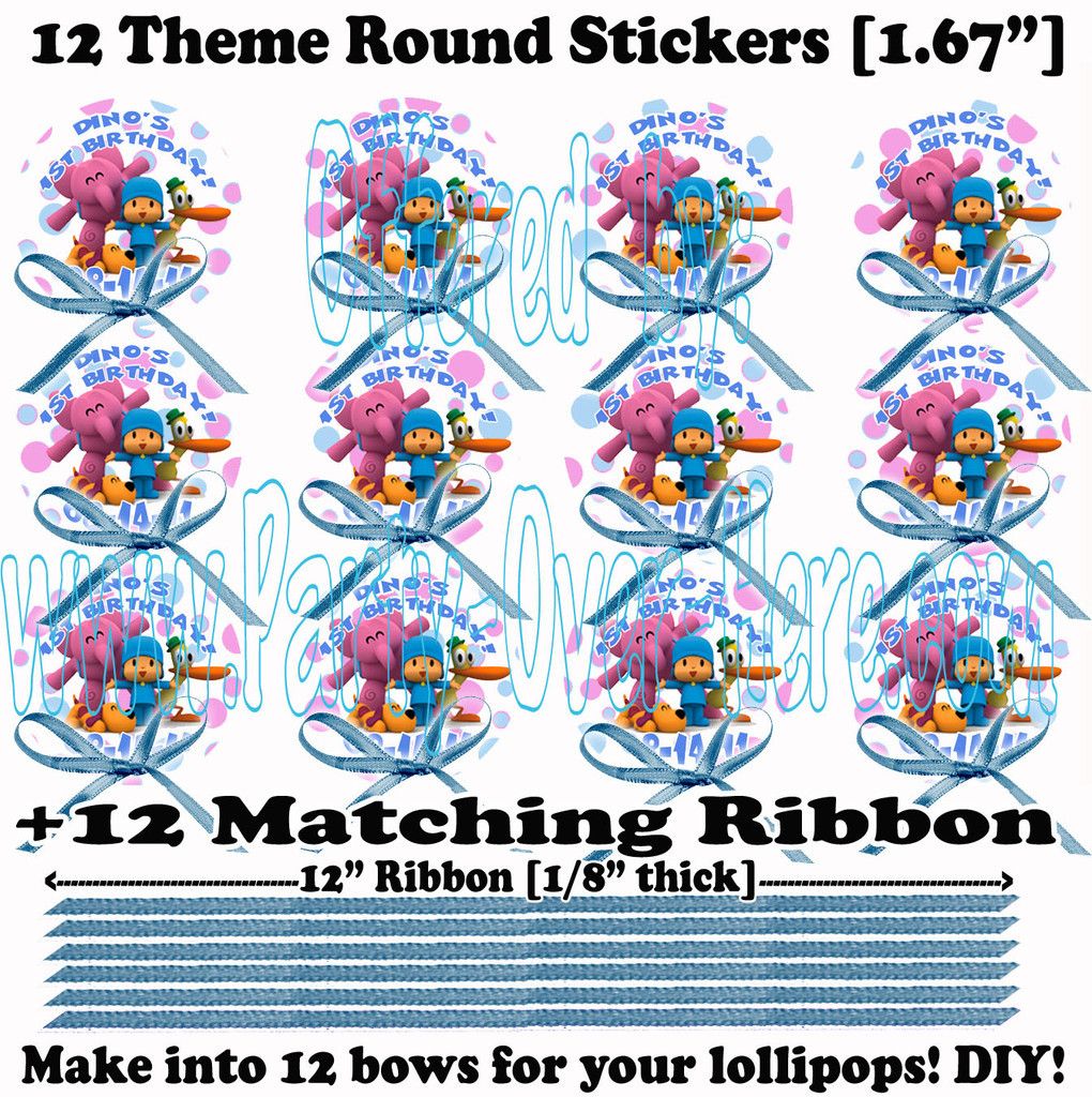 Pocoyo PERSONALIZED Lollipop Stickers & Bows DIY  12 pc