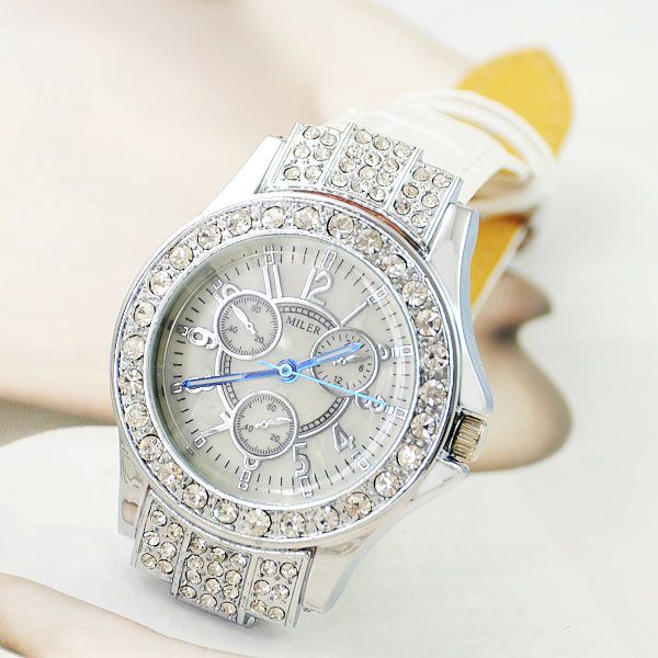 White PU Leather Band Diamond Crystal Decorated Ladies Women Quartz