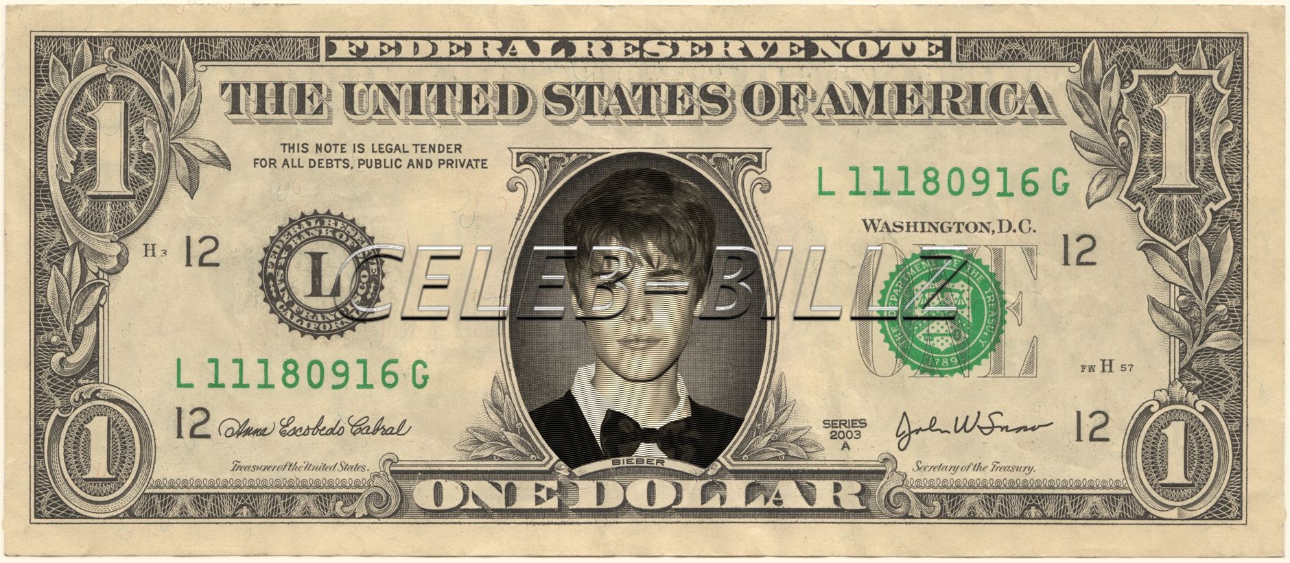 Justin Bieber Dollar Bill V5 Celebrity Novelty Collectible Money Mint