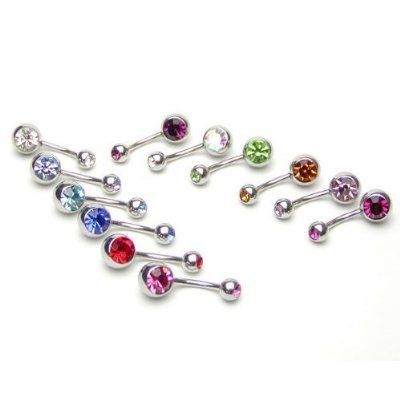  PIECES NAVEL DOUBLE GEM MULTI COLORS BELLY BUTTON RINGS+FREE RETAINER