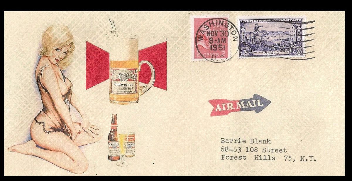 Facsimile of 1950s Budweiser Pinup Girl Illustrated Envelope