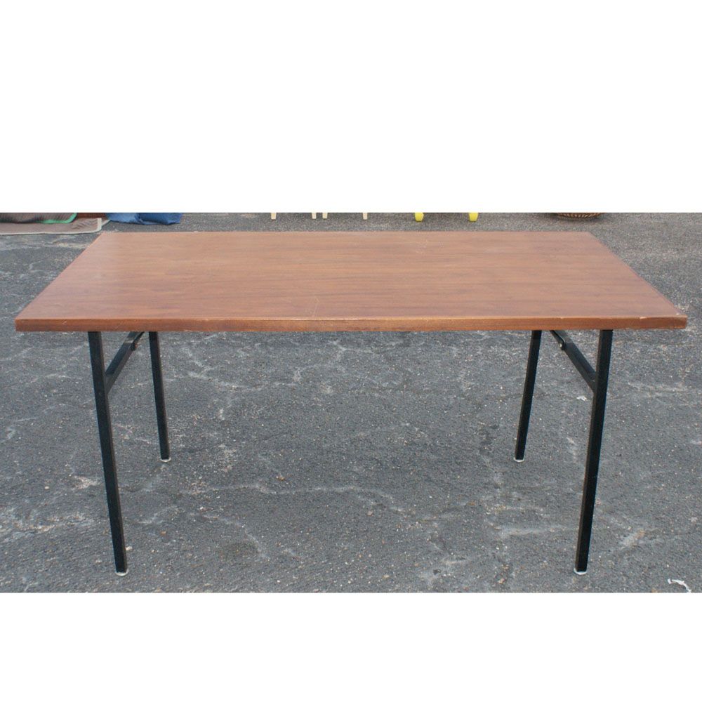 60 vintage table desk walnut top with black metal square legs 60