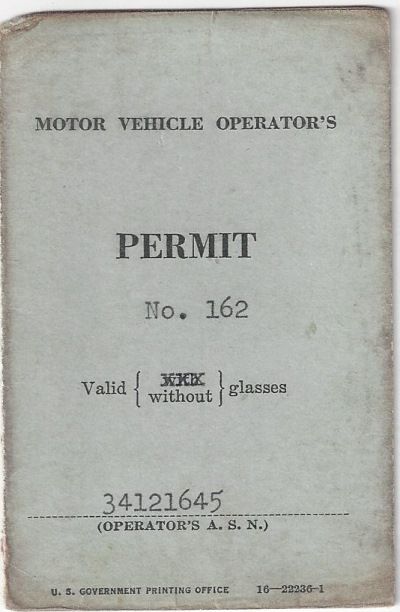 Motor Vehicle Drivers Permit Harold Sorensen 1945 WWII Cargo Trucks