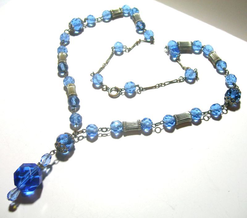 Vintage Art Deco Nouveau Czech Blue Glass Necklace