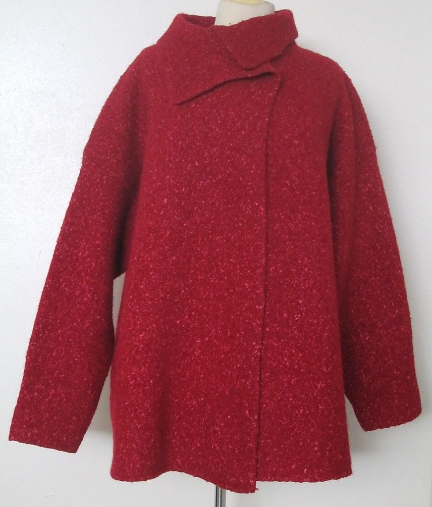 EILEEN FISHER WOMAN red pink ALPACA bld boiled wool tweed CARDIGAN