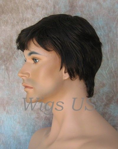 Mens Wigs Short Layers Left Side Skin Part Medium Dark Brown Wig FS1