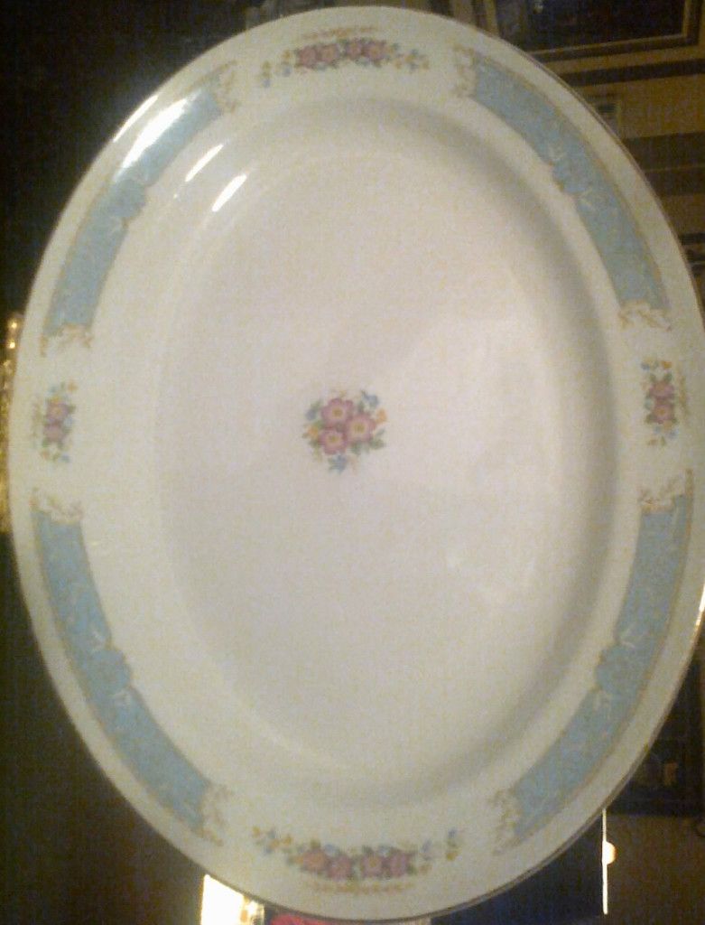 Edwin M Knowles Vitreous China Platter Blue Band Pink Flowers