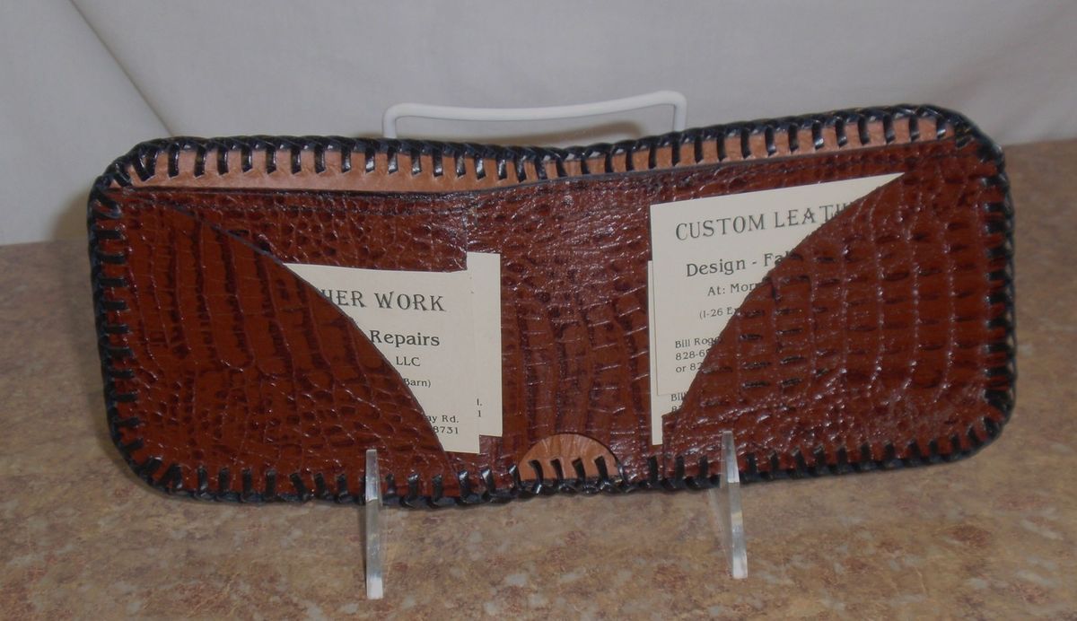 NEW MENS HANDMADE BROWN GENUINE LEATHER BRIADED WALLET EMBOSSED GATOR