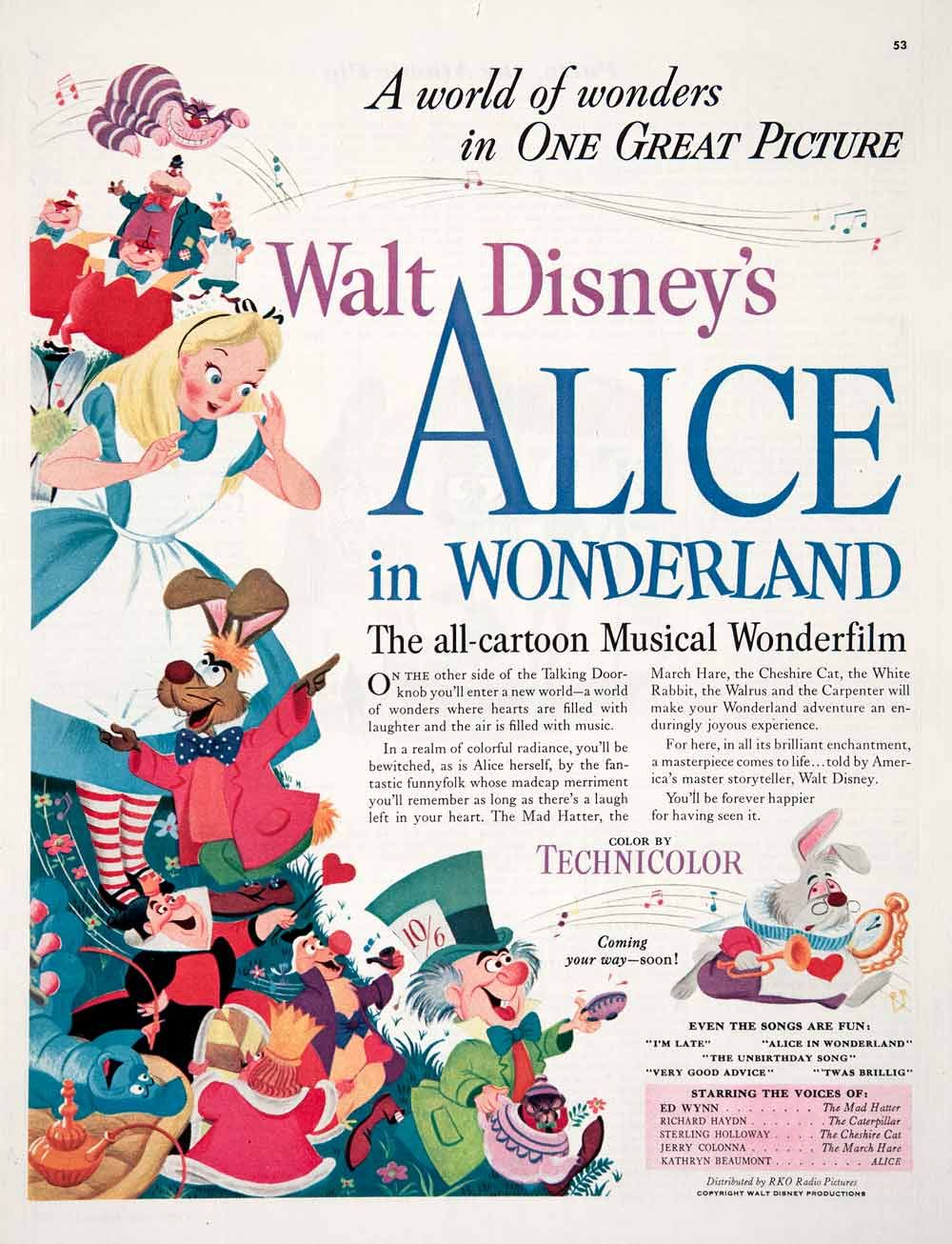  Wonderland Cartoon Musical Walt Disney Movie Ed Wynn RKO Radio