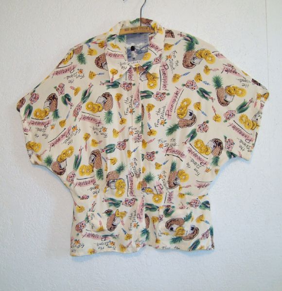  Hawaiian Shirt,Blouse,Top~Hula Pinup Girls & Pineapples~Martha Egan