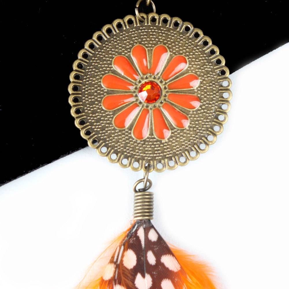 Orange Spotted Quail Feather Daisy Gem Dangle Earring