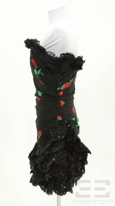 Emanuel Ungaro Vintage Black Rose Print & Sequin Lace Trim Dress