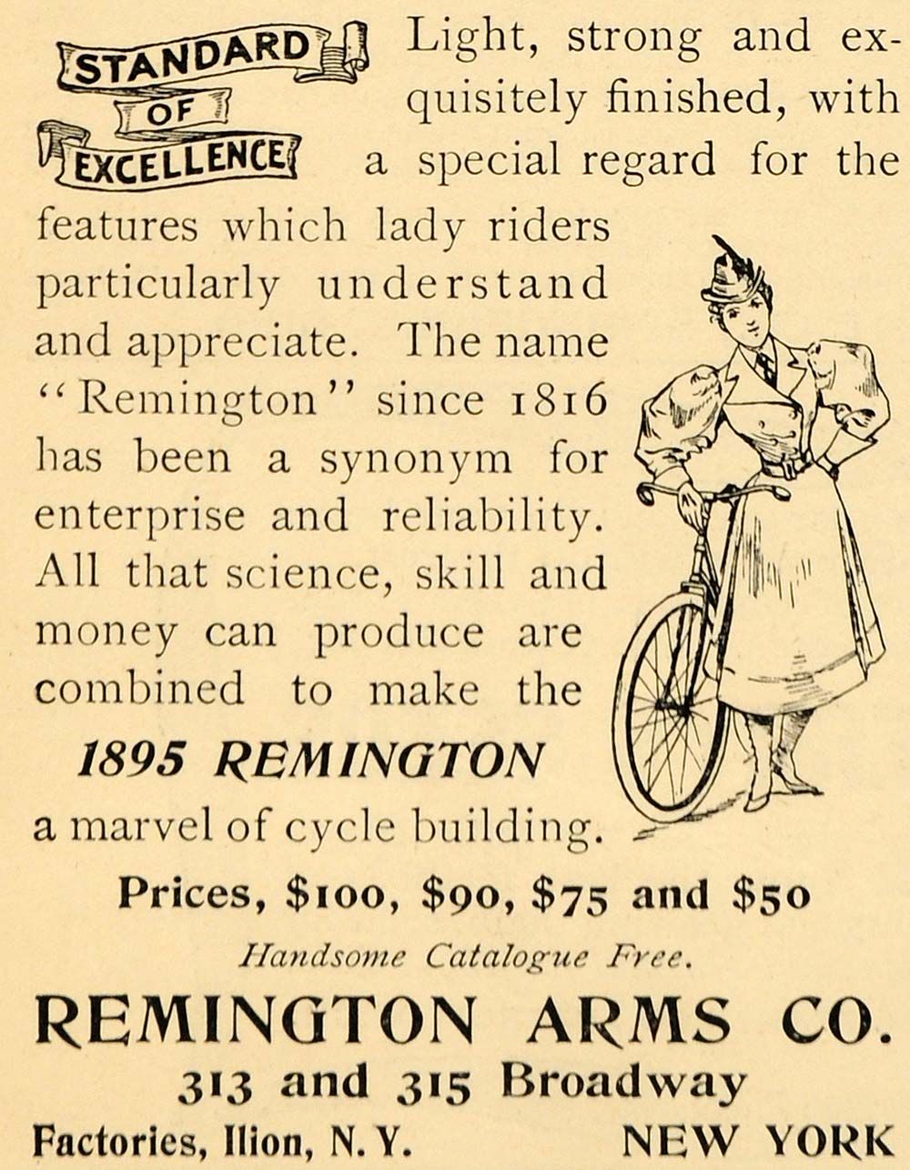 1895 Ad Remington Arms Bicycle Pricing Broadway NY Original