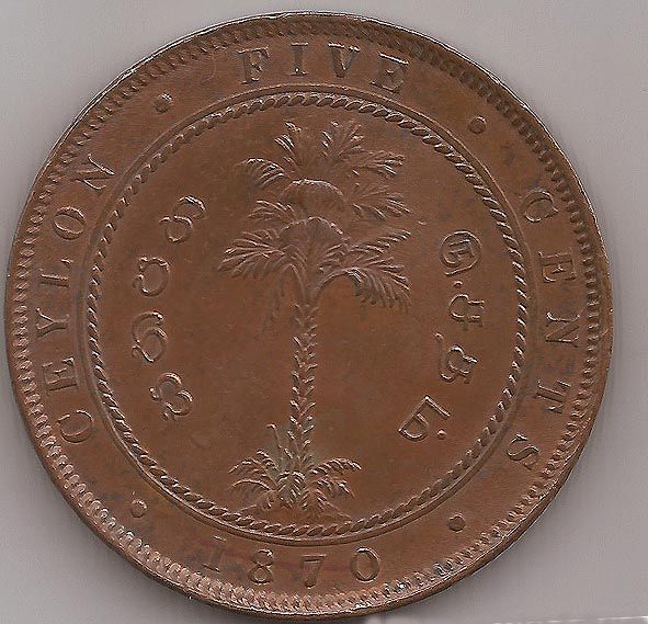 Very Scarse High Grade Wonderful Ceylan Ceylon 5 Cents 1870 Victoria