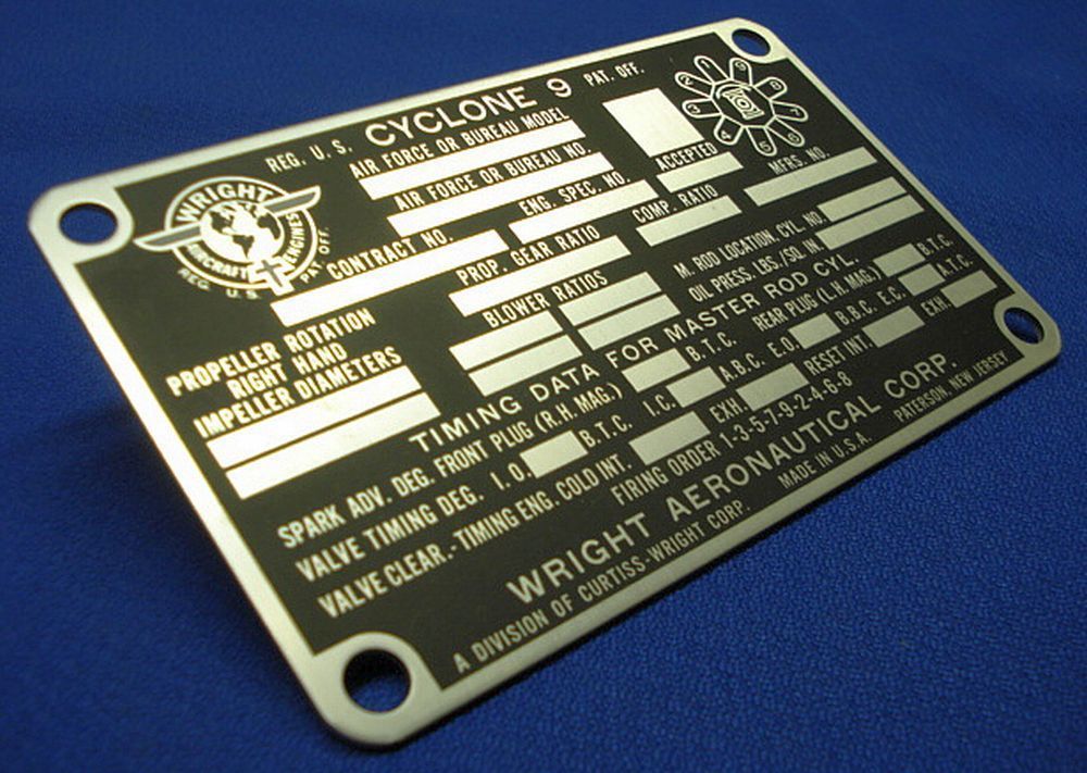  Wright Cyclone 9 Engine ID Placard