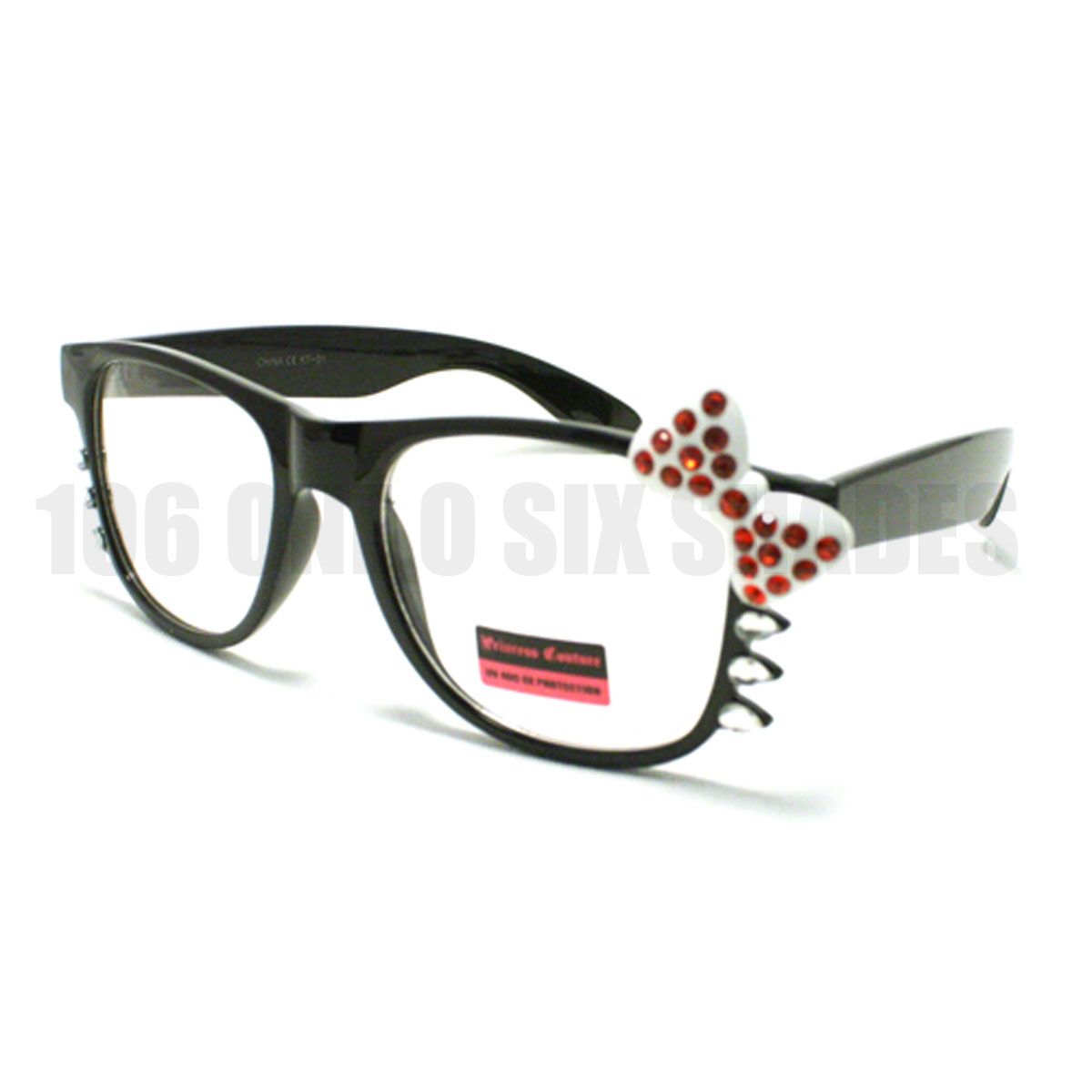 Rhinestone Bow Kitty Eyeglass Frame Womens Nerd Geek Clear Lens Black