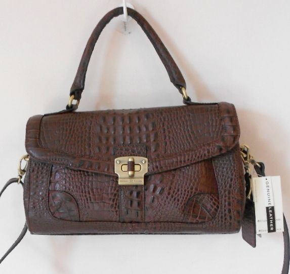 ETIENNE AIGNER INC HANDBAG DK BROWN CROCO LEATHER GENEVA FLAP SATCHEL